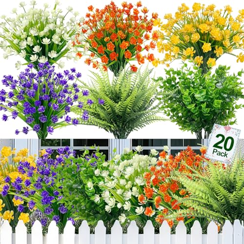 20 Bundles Artificial Flowers for Outdoors,Summer Spring Grass Camellia Fake Flowers Fern Plants...
