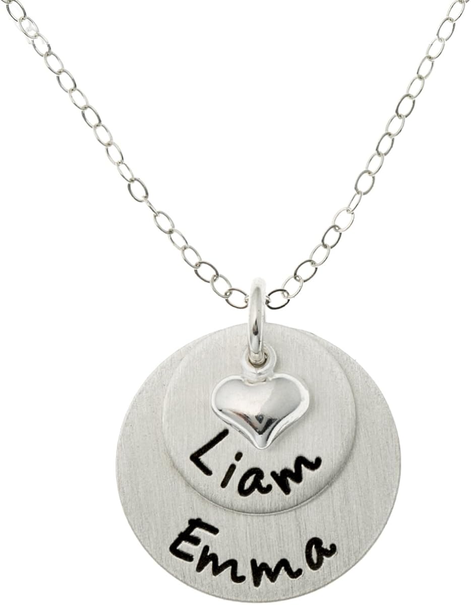 AJ's Collection Matte Two Name Necklace | Two stacked matte sterling silver name pendants with heart link and selected ball, box, or cable chain