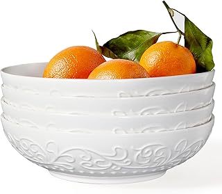 Pasta Bowls 35oz, Ceramic Large Salad Bowls 8 inch, Embossed Soup Bowls Set of 4, White Serving Bowls for Entertaining, Wide Shallow Dinner Bowls for Spaghetti, Microwave Dishwasher Oven Safe