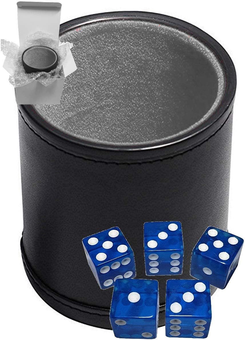 Cyber-Deals Set of 16mm Transparent Squared Corners Dice and Black PU Leather Dice Cup Plush Velvet Lined - Gift Boxed (Blue, Grey Lining Cup)