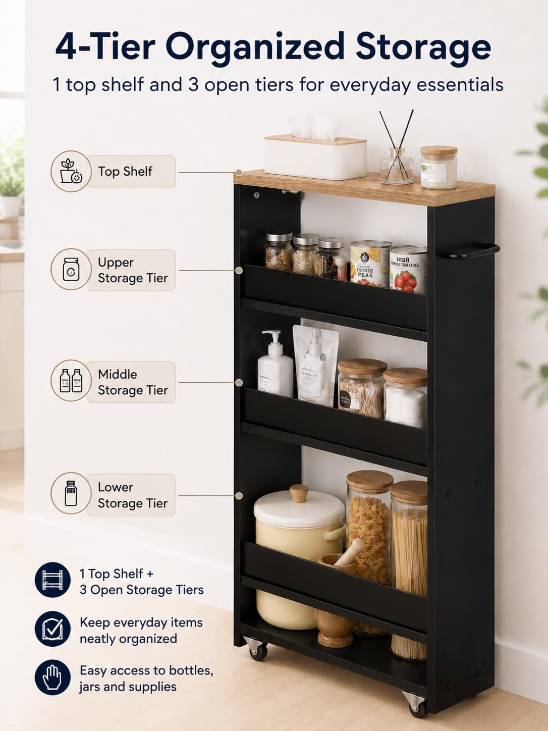 estantería Vertical Negra Estrecha con Ruedas 1 Unidad 80x40x14cm | Estantería vertical de 3 niveles para espacios reducidos con almacenamiento práctico y acceso fácil a objetos diarios
