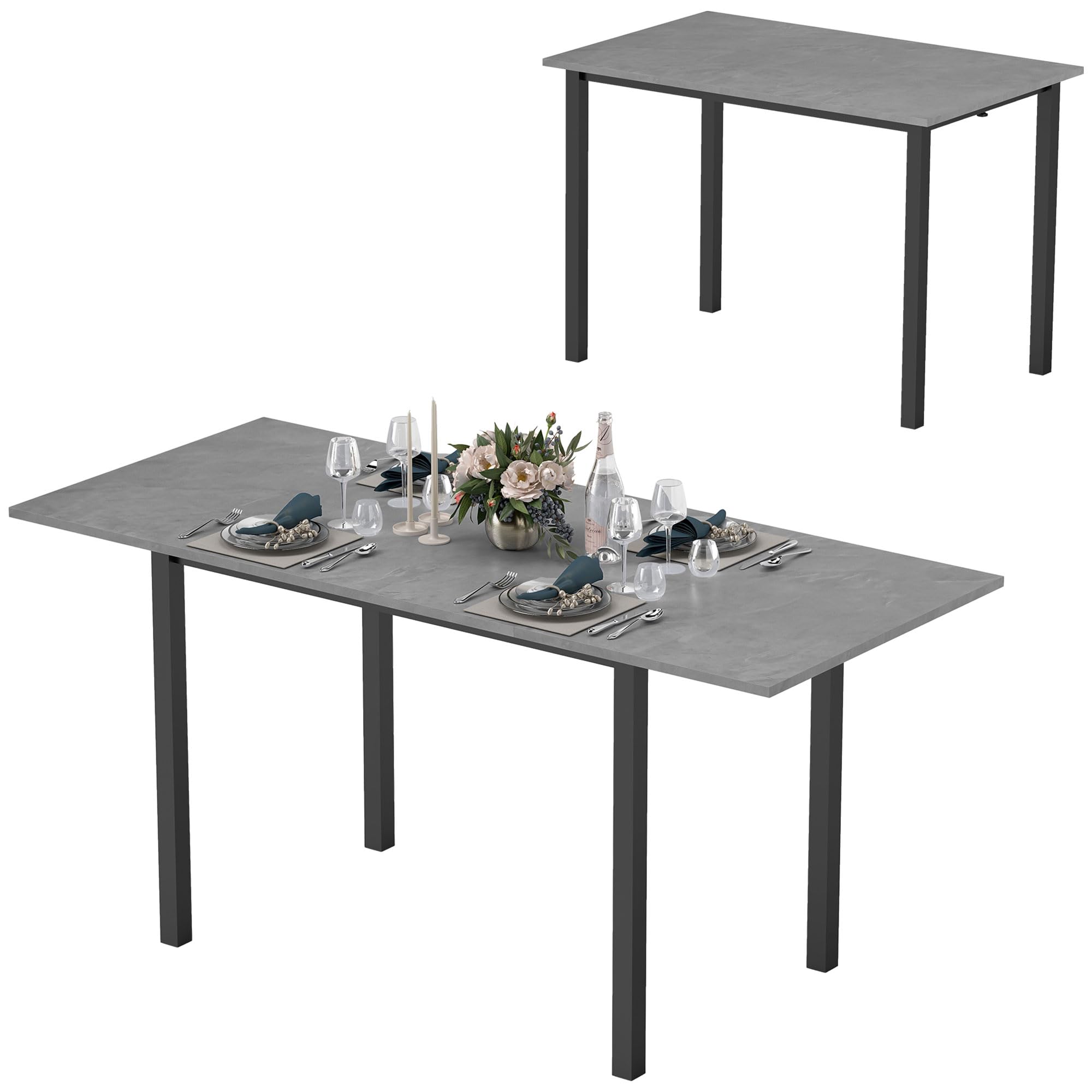 HOMCOM Table à Manger Extensible pour 6 Personnes Grand Plateau Gris Foncé | Table de Cuisine, Cadre en Acier, Design Moderne