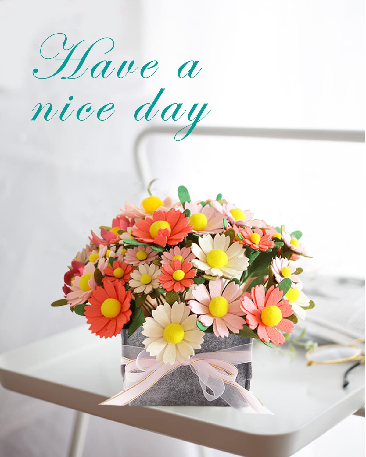 BAZIMA - Kit de manualidades de flores de fieltro, kit de ramo de margaritas de fieltro, regalos florales, kit de manualidades para principiantes, arregla flores de fieltro precortadas y follaje