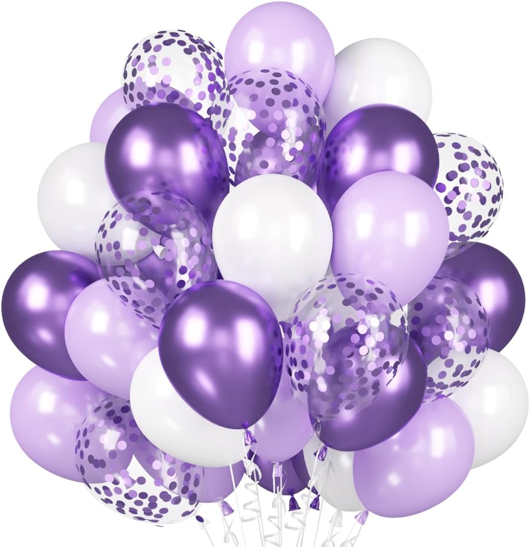 Luftballons Lila Weiß, 60 Stück Violett Konfetti Ballons, Metallic Lila Helium Ballon, Macaron Lavendel Weiß Latex Ballons Set für Geburtstag Hochzeit Mädchen Frauen Abschluss Party Babyparty