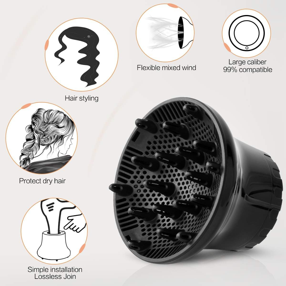 Kresal Hair Diffuser, Universal Hair Dryer Diffuser For Curly Hair and Natural Hair, Professional Hair Diffuser Attachment Fits 99.9% Blow Dryer Nozzle 1.5"- 2.67" to Minimizes Frizz Volume (Black) - Image 3 thumbnail