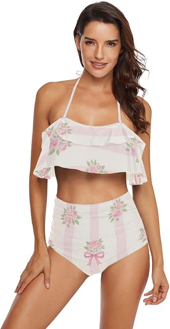Women's High Waisted Bikini Set Adjustable Straps Sublimation Print Vintage Stylish