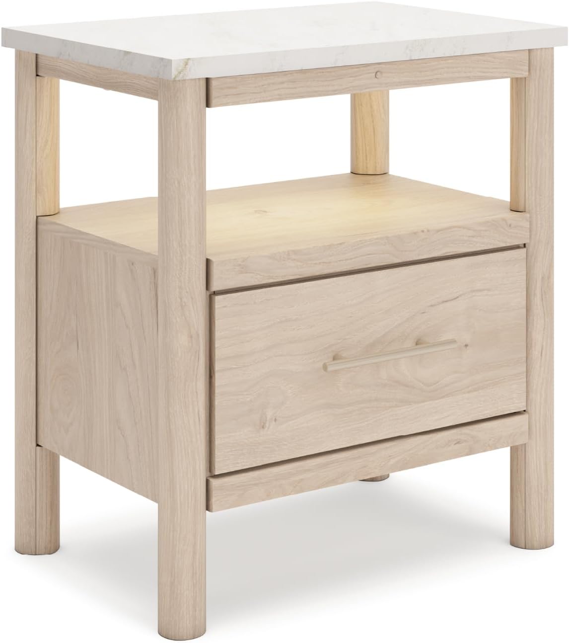 Signature Design by Ashley Cadmori Casual Faux Marble Tabletop 1 Drawer Nightstand with Open Shelf, Ambient Lights, Wireless Charging and USB-C Ports, 26.57" Tall, Light Brown & White