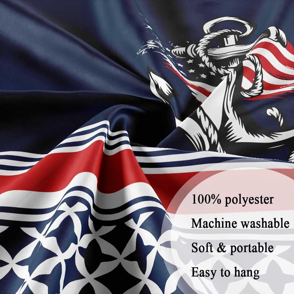 Nautical Anchor American Flag Shower Curtain, Navy Blue Strip Geometric Patriotic Bathroom Decor 72 x 72 Inch Polyester Fabric Waterproof Bath Curtain with 12 Hooks