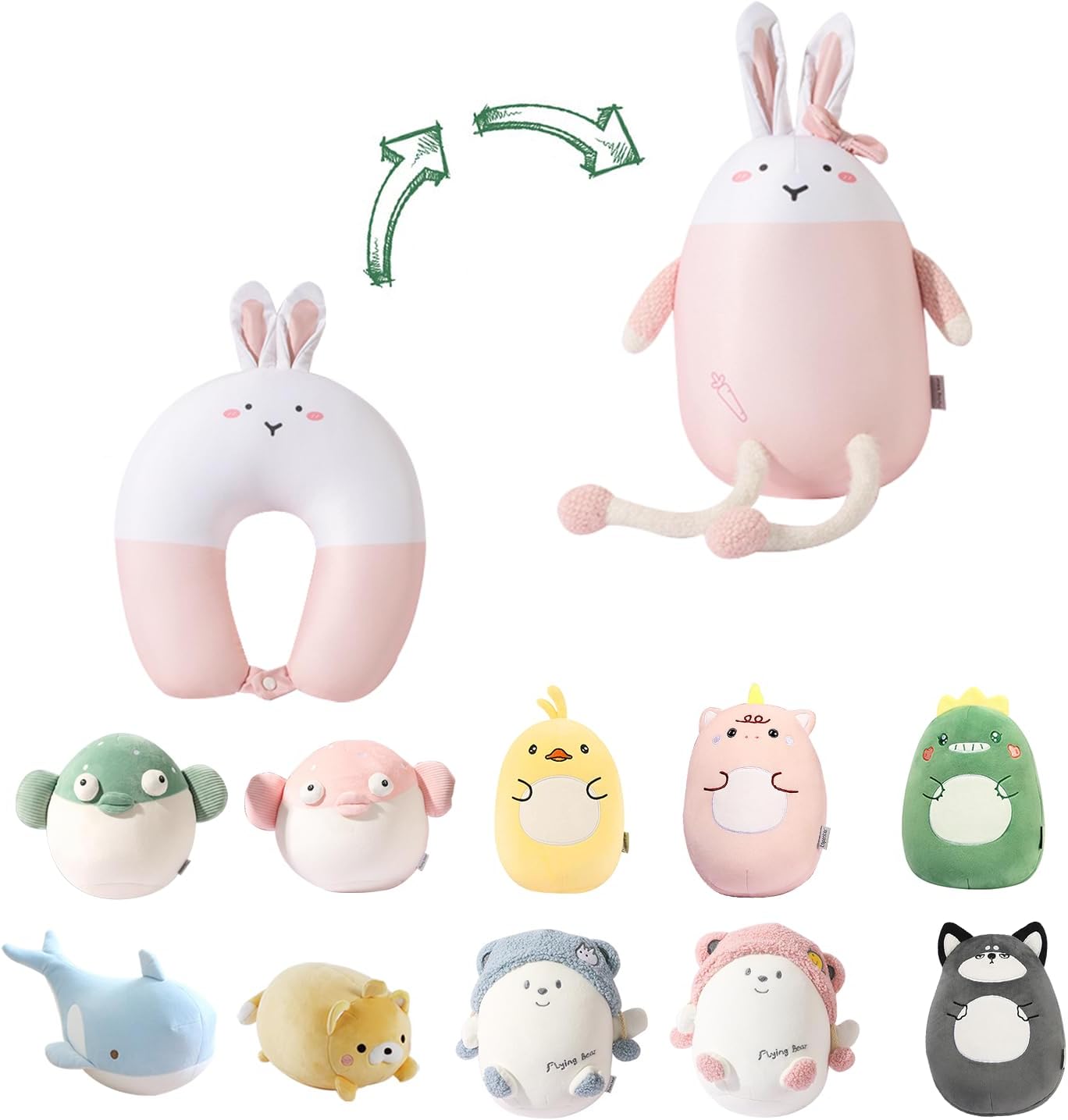 2-in-1 Travel Pillow for Kids – Soft and Adorable Animals Plushie That Converts into a U-Shaped Neck Pillow for Comfort During Airplane, Train, Bus Trip -Pink Rabbit