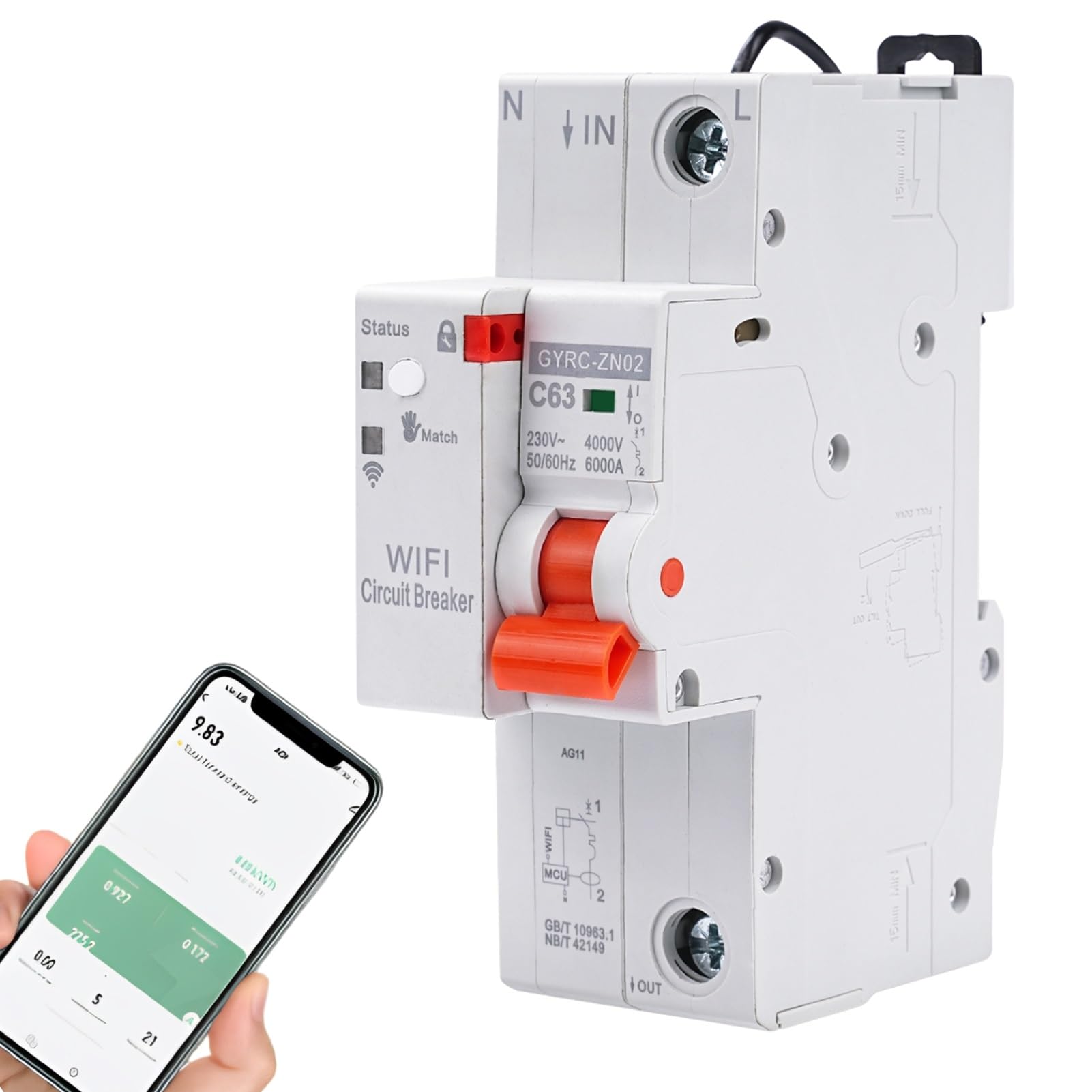 Jadeshay Salvavita con Riarmo Automatico 1P 63A 230V Interruttore Magnetotermico Automatico Timer Relè con Protezione Sovratensione Sottotensione e Sovraccarico,Controllo Remoto Tramite Tuya APP WiFi