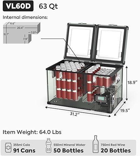 Miniatura 2 de ICECO VL60 Refrigerador portátil de doble zona con compresor SECOP, refrigerador compacto platino de 60 litros, CC 1224 V, CA 110-240 V, 0  a 50 ,