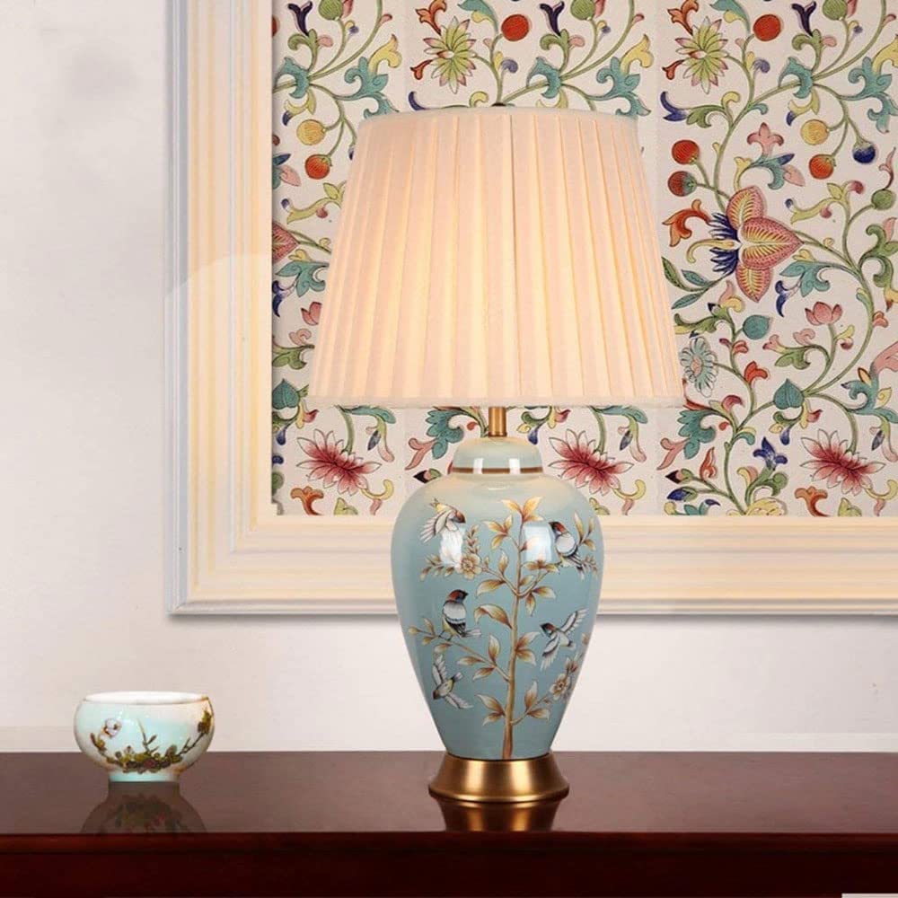 Lampa stołowa Lampy stołowe Lampka stołowa Lampka nocna Szkliwione ceramiczne lampy stołowe Ręcznie malowane kwiaty i ptaki Lampy nocne Lampa stołowa z abażurem z tkaniny Salon Lampa nocna Lampa na