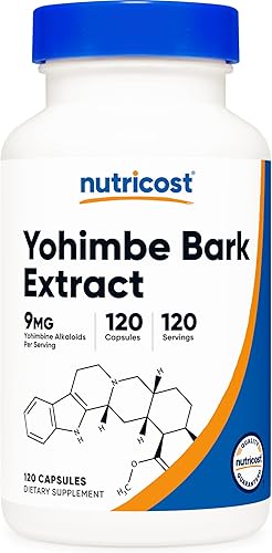 Nutricost Extracto de corteza de Yohimbe 450 mg (9 mg de alcaloides de yohimbina), 120 cápsulas, extra fuerte, sin gluten, sin OMG