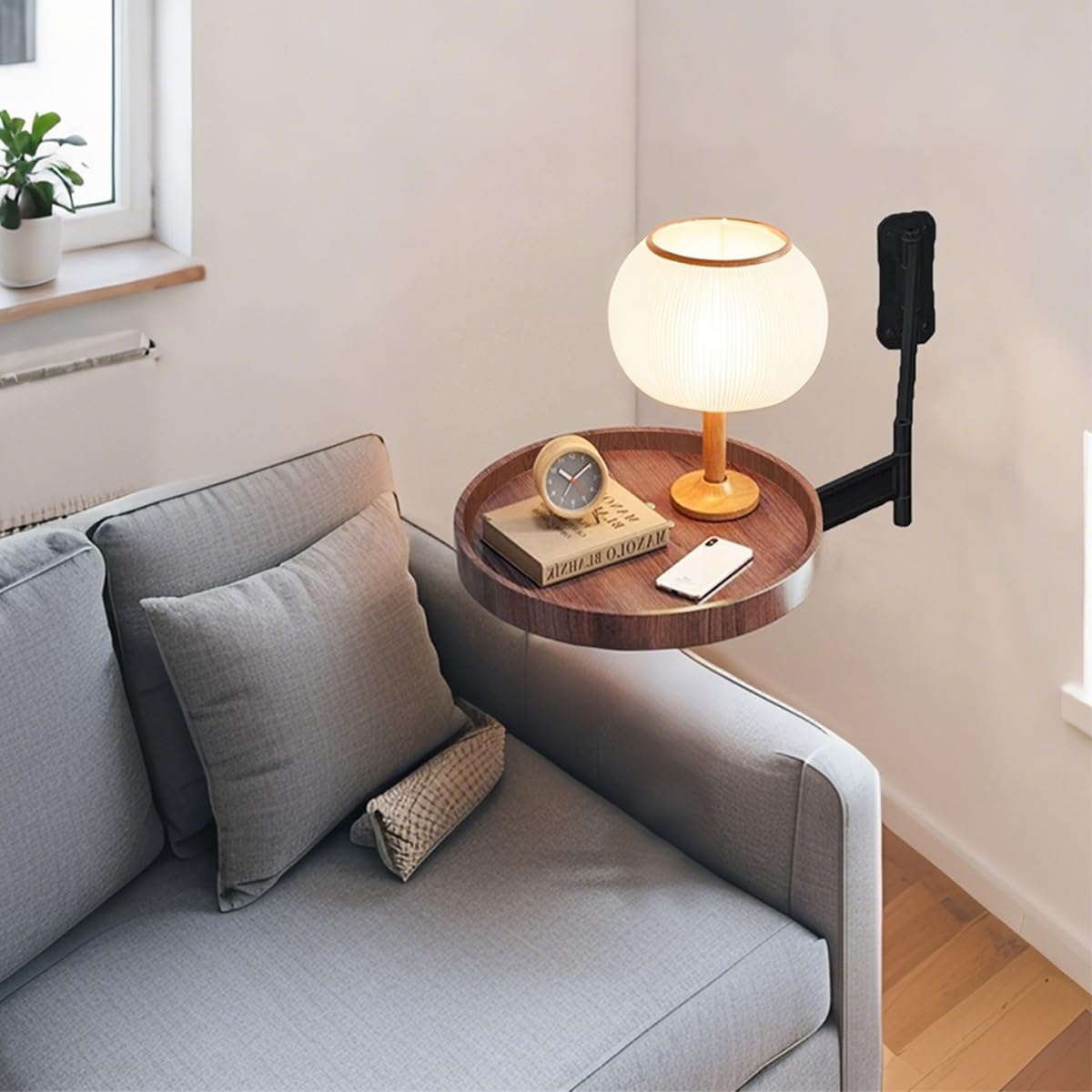 Retractable Wall Mounted Folding Table, Adjustable Sofa Floating Table Balcony Coffee Table, 11.8 Inch Round Wooden Tabletop, Space Saving Design, Adjustable Angle, Acacia Brown (Black)