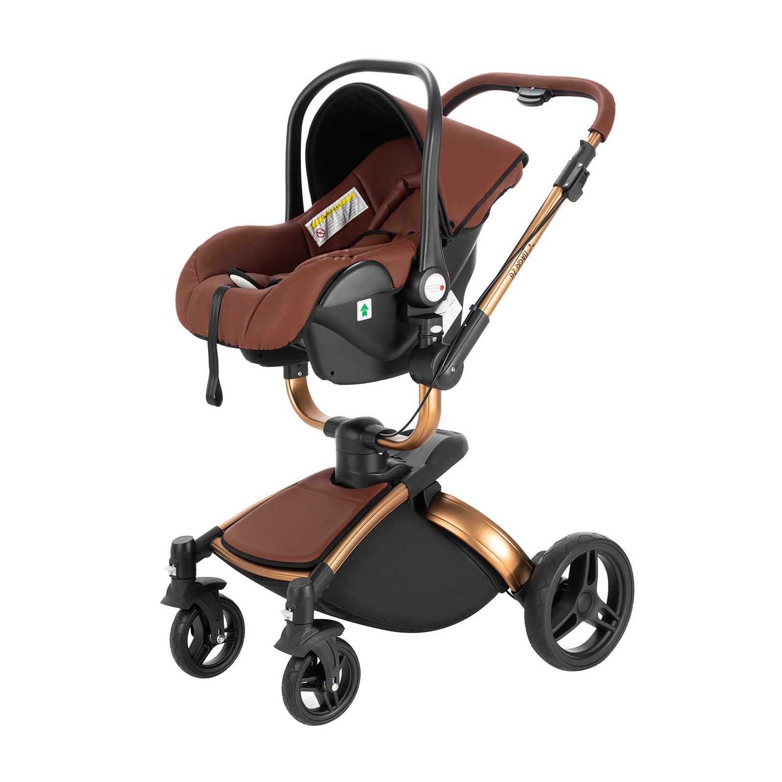 MoLi Pelle PU Passeggino Trio, Passeggino 3 in 1 con Sedile Convertibile 360°, Trio Passeggino Neonati con Grande Navicella, Carrozzina per Neonati in Alluminio Pieghevole Alta Paesaggio (906 Brown)