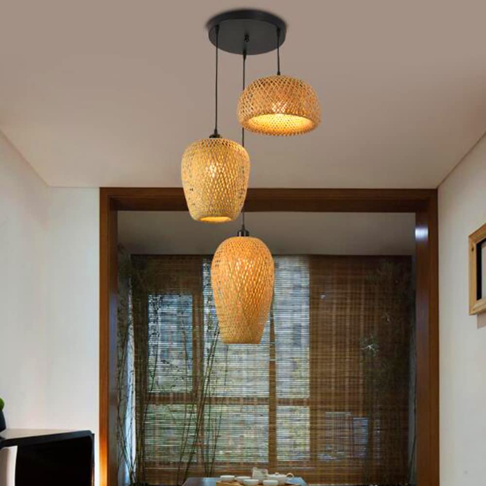 Lampes Suspendues Bambou Lampe Suspendue En Rotin Naturel 3 Lumières Table À Manger Suspension Abat-Jour Rétro E27 Vintage Lustre Réglable En Hauteur Restaurant Maison De Campagne Éclairage