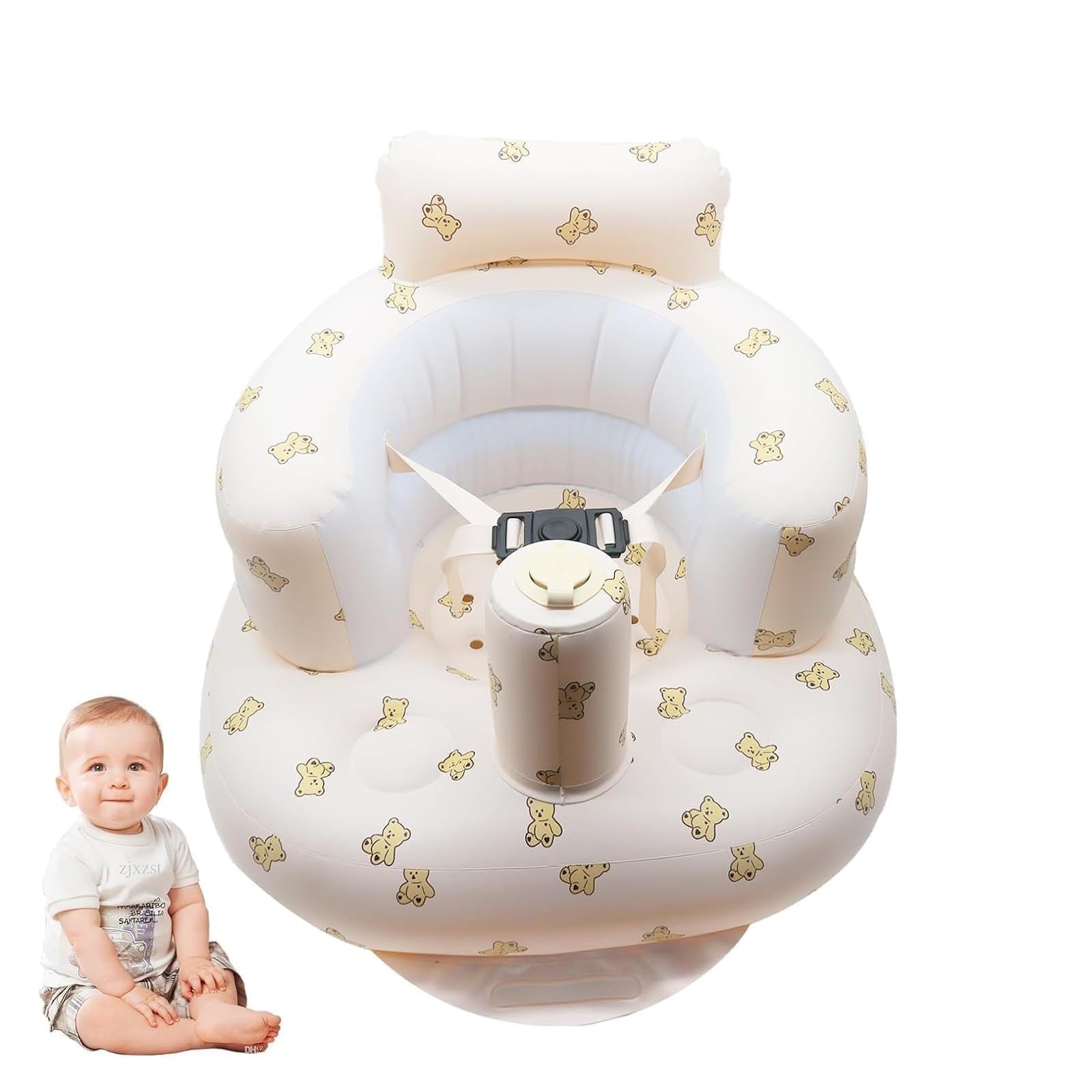 Siège Gonflable Pour Bébé de 3 Mois Plus, Chaise Gonflable Bebe avec Ceinture de Sécurité, Dispositif d'assistance à la Siège Pour Tout-petits Pliable, avec Pompe Intégrée (Ours)