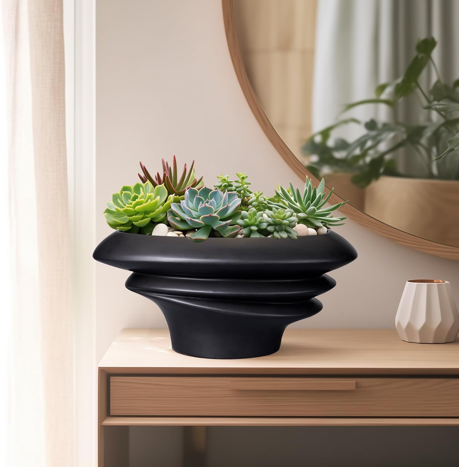 SQOWL Bonsai Pot 10 Inch - Ceramic Succulent Planter with Drainage Hole Large Plant Pot for Indoor Plants Outdoor Modern Home Decor Black