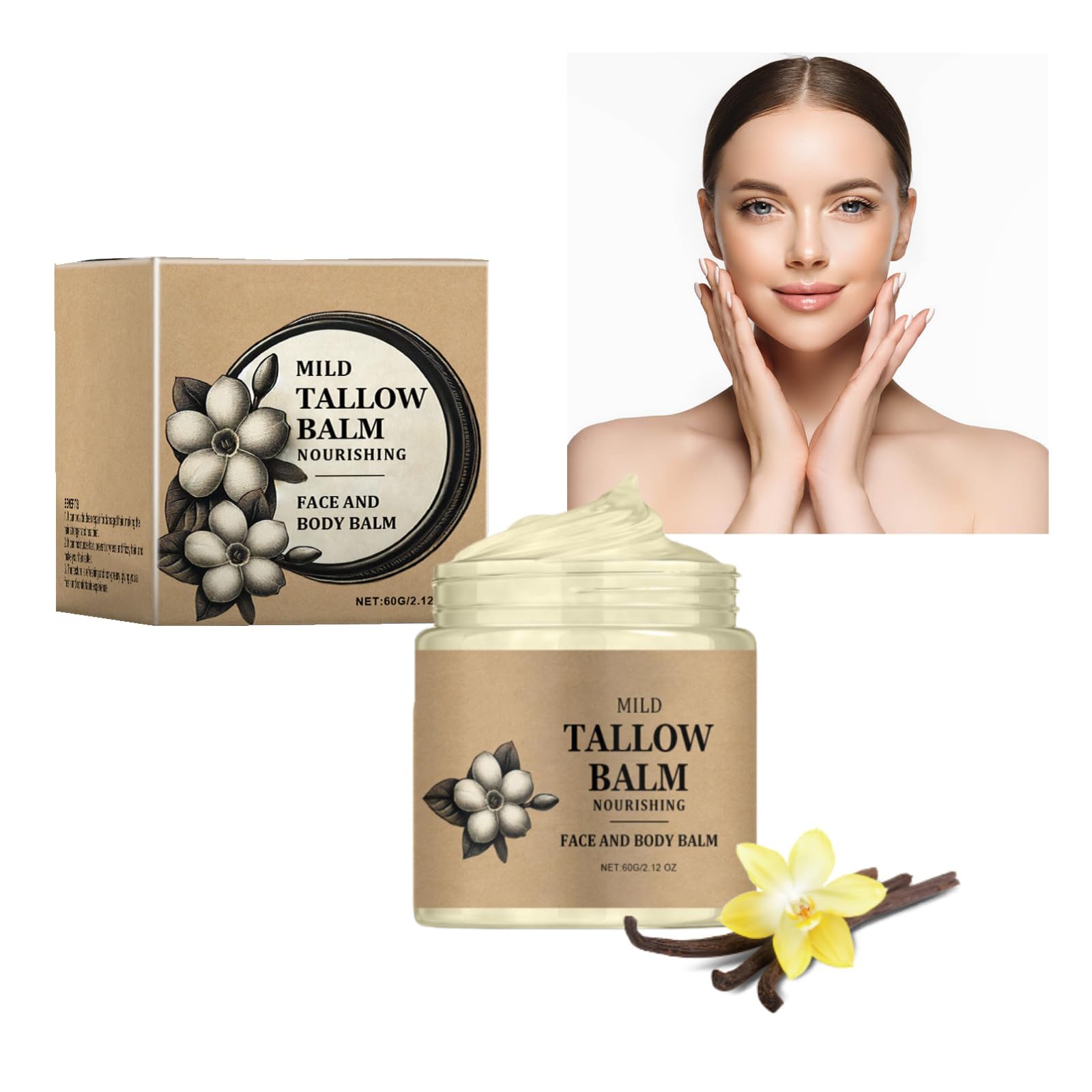 TERRIFI Mild Tallow Balm, Natural Beef Tallow and Honey Moisturizer with Vanilla Essential Oil, Grass-Fed Tallow for Nourishing Face and Body, Hydrating Skincare Solution (1PC)