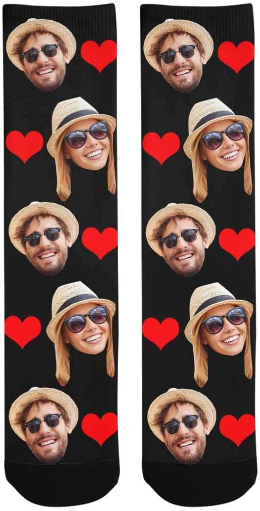 Custom Photo Pet Face Socks, Love Heart Crew Socks with 2 Faces for Men Women