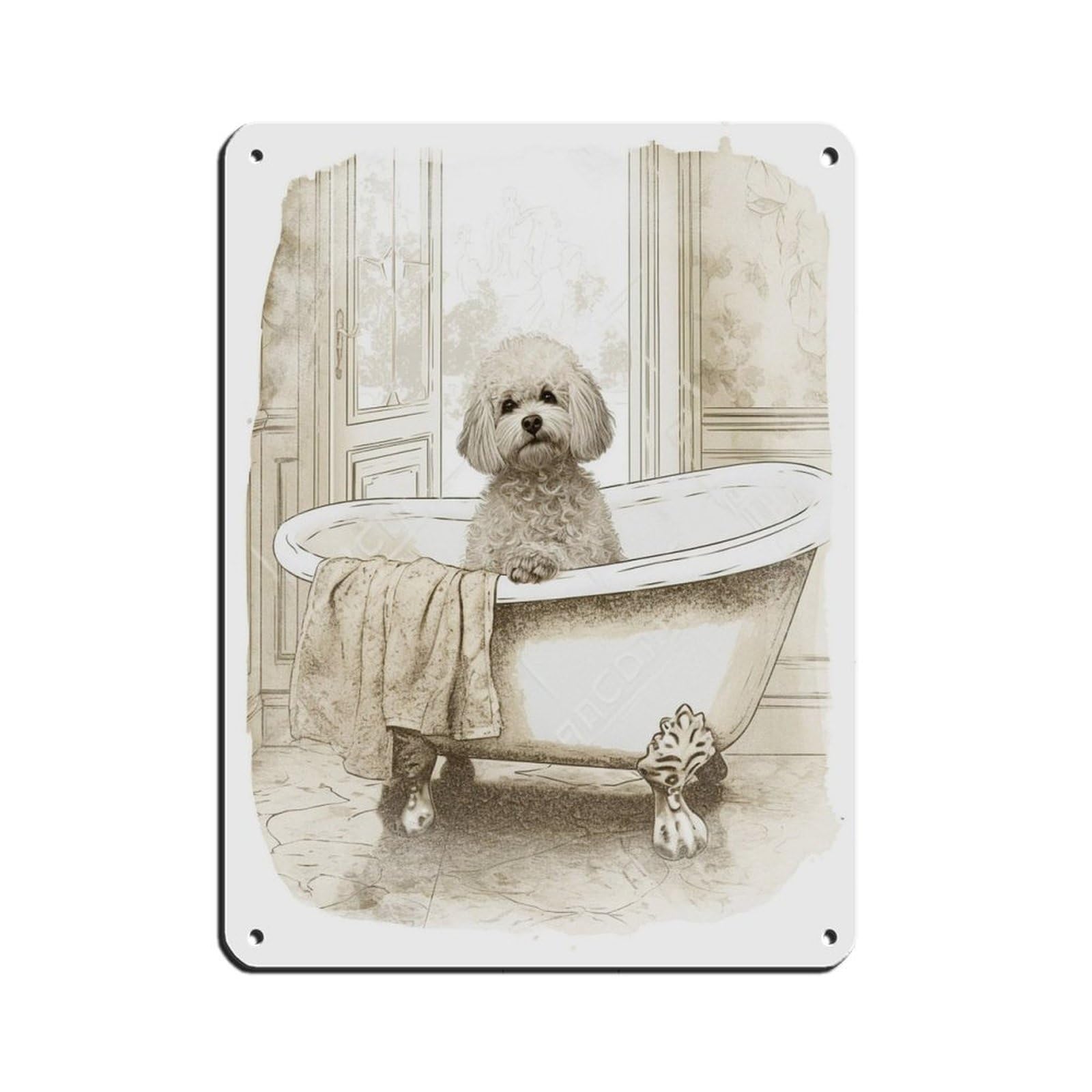 Bichon Frisé in Bath, Bathroom Art Tin Sign Vintage Metal Pub Club Cafe Bar Home Wall Art Decoration Poster Retro 12x16inch(30x40cm)