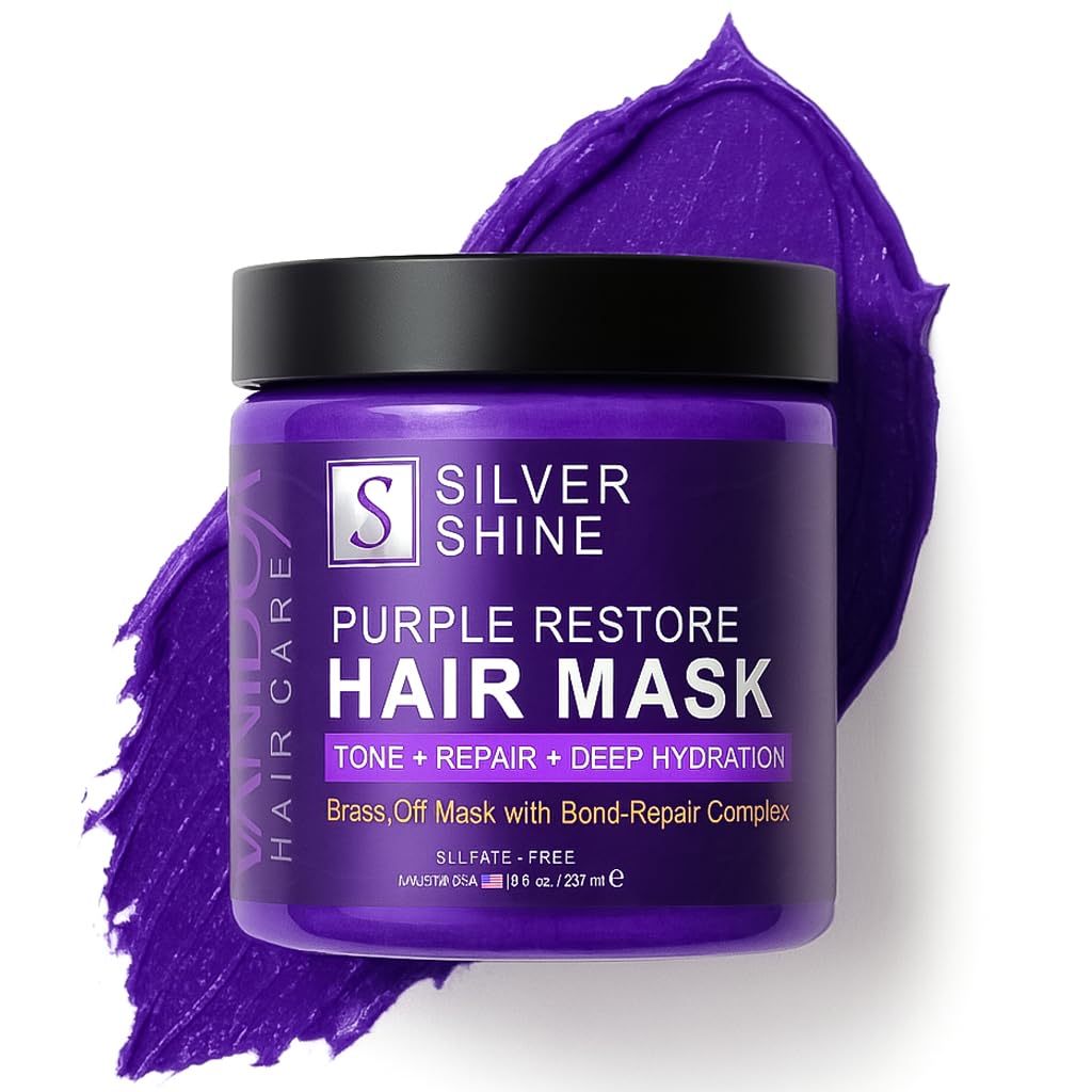 Deep Conditioning Silver Shine Purple Hair Mask for Gray Hair, Purple Toner for Brassy, Bleached, Silver, or Color Treated Hair, Restore Moisture & Brighten Dull Hair, Sulfate Free, Made in USA, 8oz