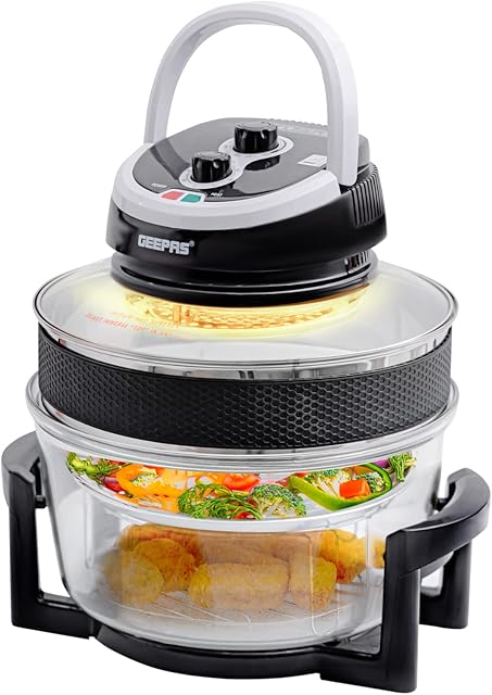Geepas 1400W Turbo Halogen Oven, 17L | 60min Timer, Adjustable Temperature Control & Self Clean Function| Low Fat Air Fryer, Removable Glass Bowl & Extender Ring to Bake Grill Steam Broil Roast BBQ