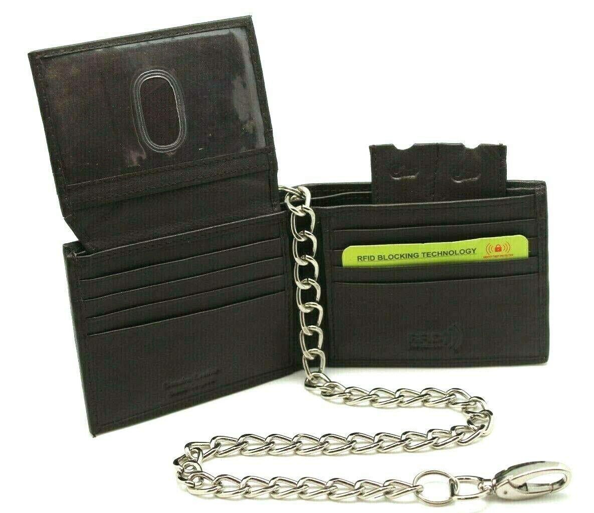 Juzar Tapal Collection Bikers RFID safe Pure Leather Bi-fold Chain Wallet Flip up Thumb ID J521 & J522 Loop Closer, Dark Brown 521 with Chain, Small, Bi-fold