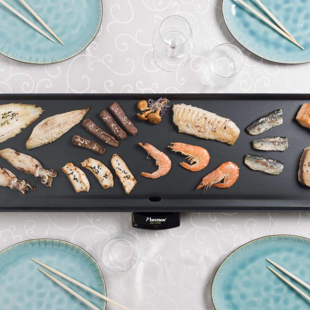 Bestron XXL Plancha electrica para cocinar en diseño ASIA, plancha cocina con revestimiento antiadherente, Parrilla eléctrica para hasta 8 personas, 1800 vatios, color: negro