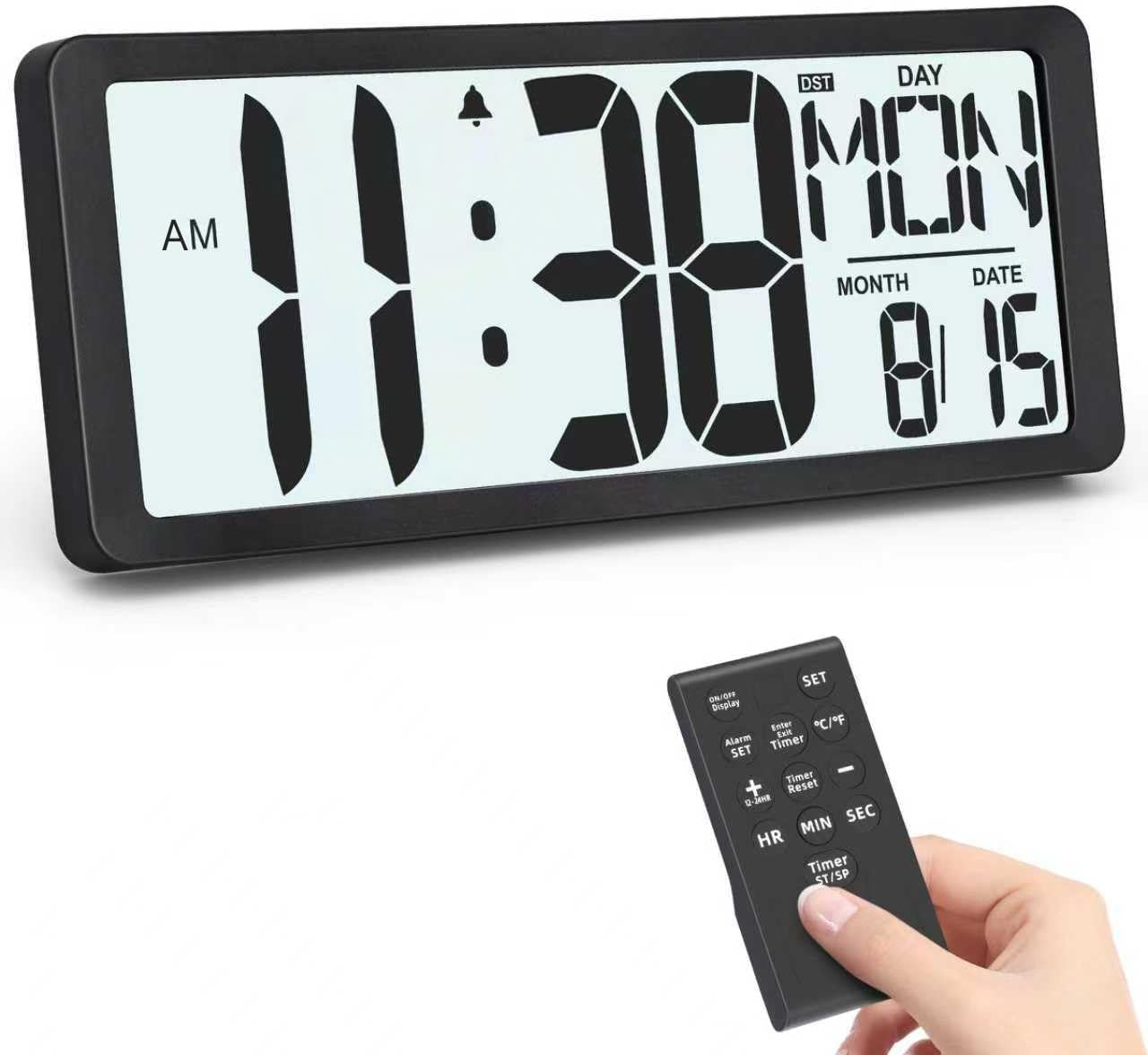 XREXS 14.5” Battery Operated Large Digital Wall Clock with Backlight, Large Display Timer with Remote Control, Auto DST & Adjustable Brightness, Alarm Clock for Home, Classroom, Office