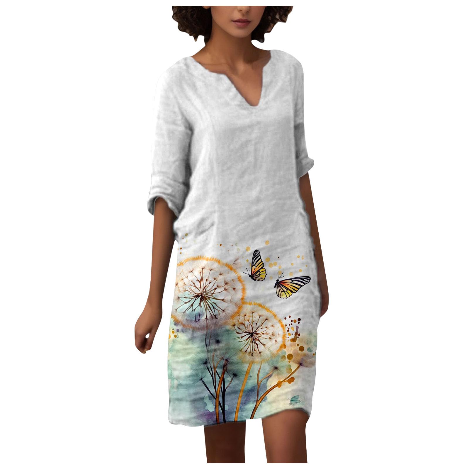 NUSGEAR Vestidos Corto Mujer Algodón y Lino Vestido 2024 Verano Basico Casual Vestidos Cuello en V Vestidos Color sólido Impresión Elegante Manga Corta Vestido Cómodo Moda Playa Talla Grande Ligero