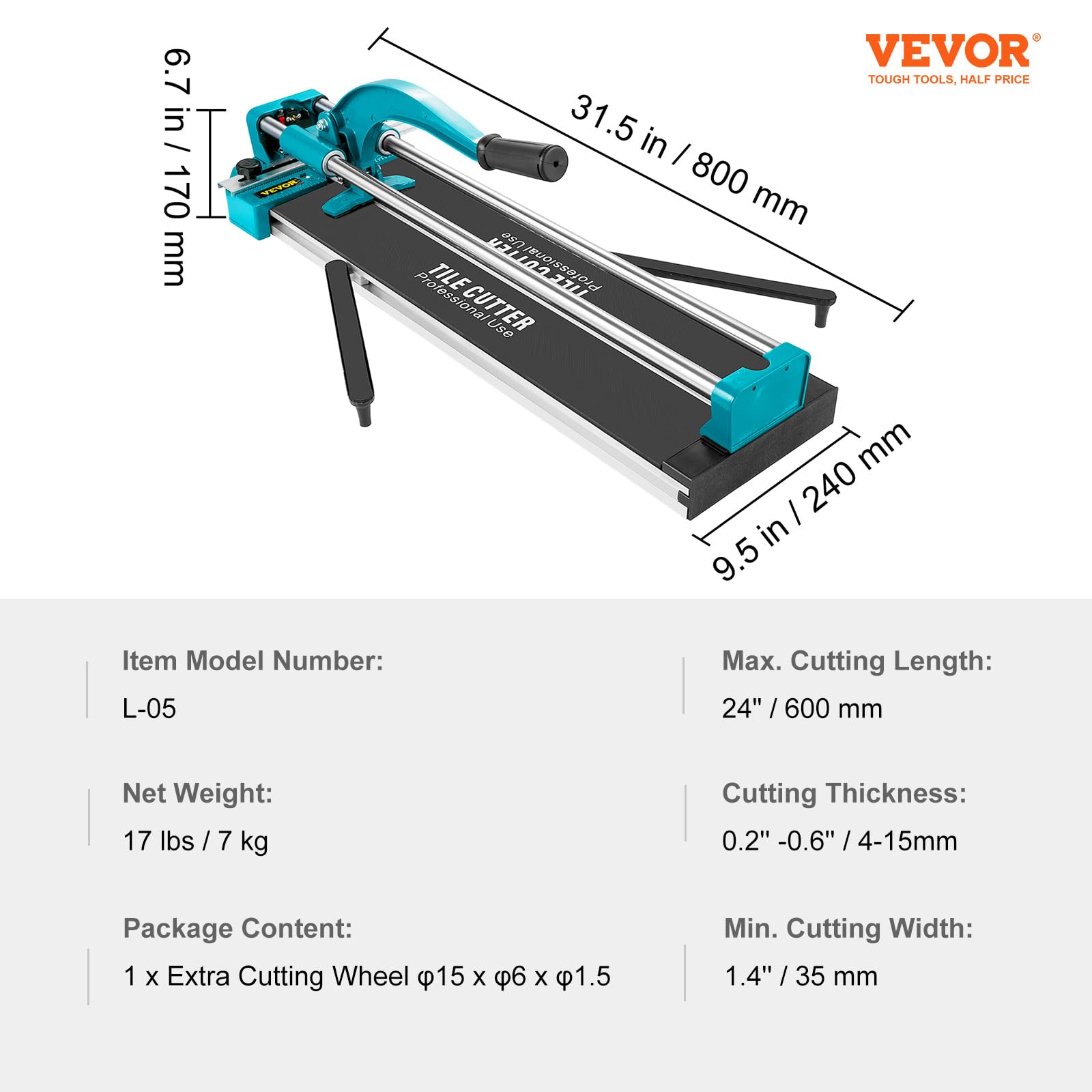 VEVOR Manual Tile Cutter, 24 inch Porcelain Ceramic Tile Cutter with Tungsten Carbide Cutting