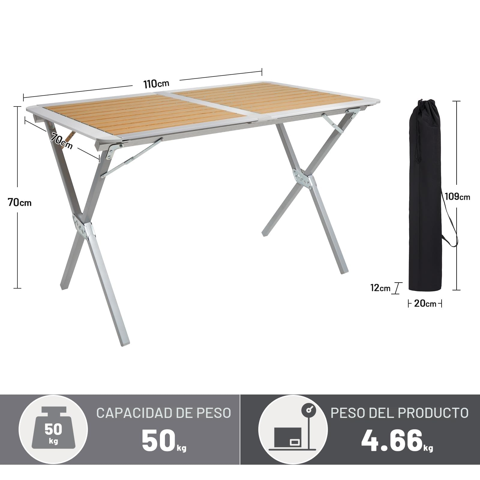 TIMBER RIDGE Mesa de Camping Plegable para 4-6 Personas Mesa de Jardín de Aluminio 110 x 70 cm, Mesa Plegable Portátil con Bolsa de Transporte Exterior Playa Picnic
