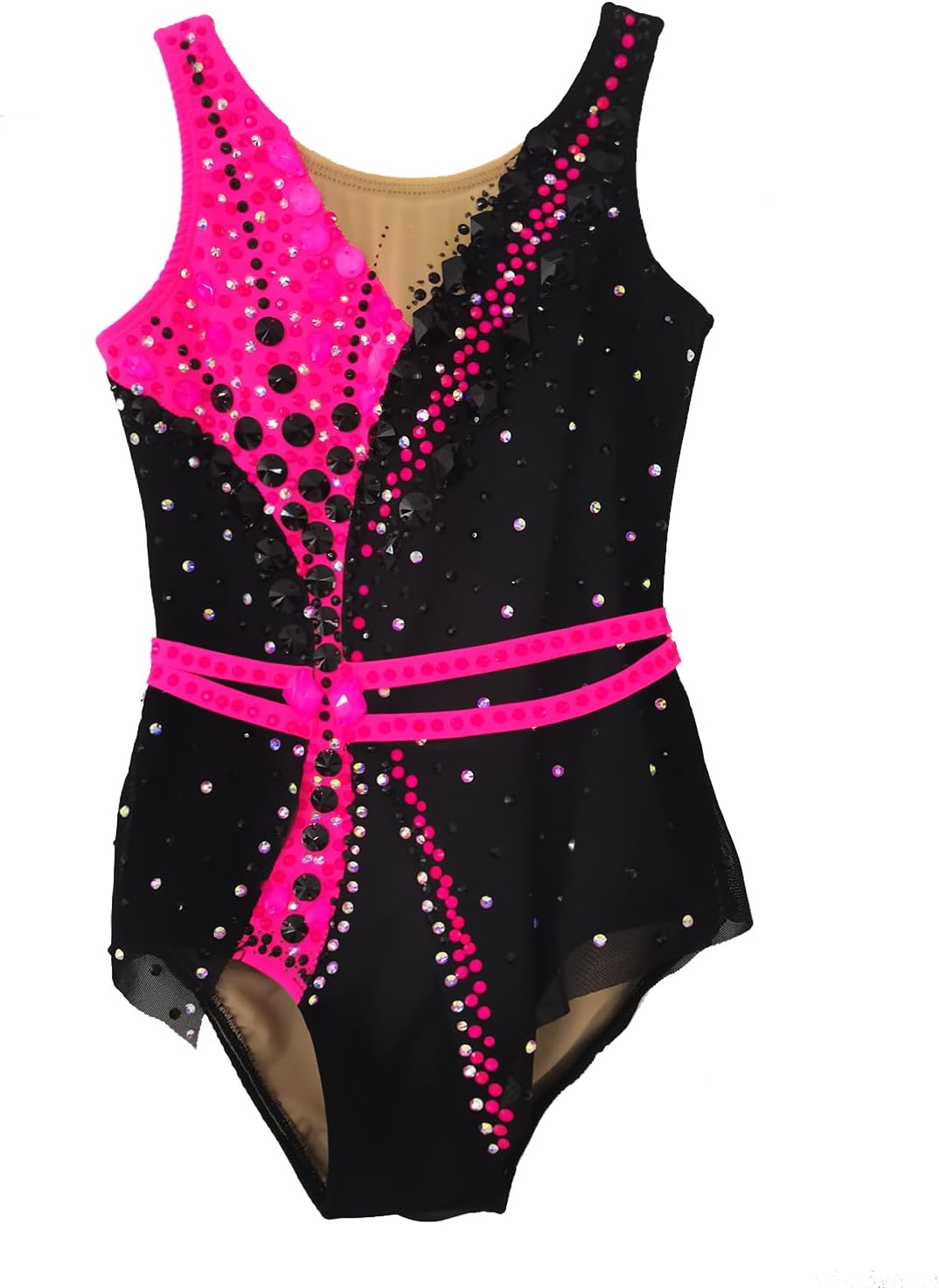 Girls' Rose Red and Black Splicing Artistic Gymnastics Dress Professional Competition Customized Clothing