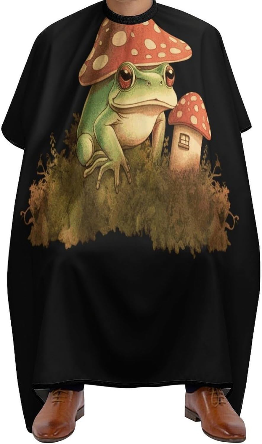 Mushroom House And Frog Apron for Women Men,Barber Cape with Adjustable Snap Closure,Hair Cutting Cape,66.9 X 56.7 Inches for Hair Dye, Comb-out, Styling, Shampoo