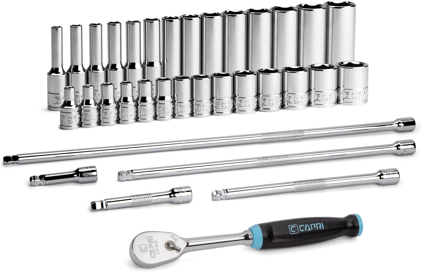 Capri Tools 1/4 in. Drive Master 6-Point Chrome Socket Set, 4 to 15 mm, with Extension and 90-Tooth Soft Grip Ratchet, 34-Piece, Metric