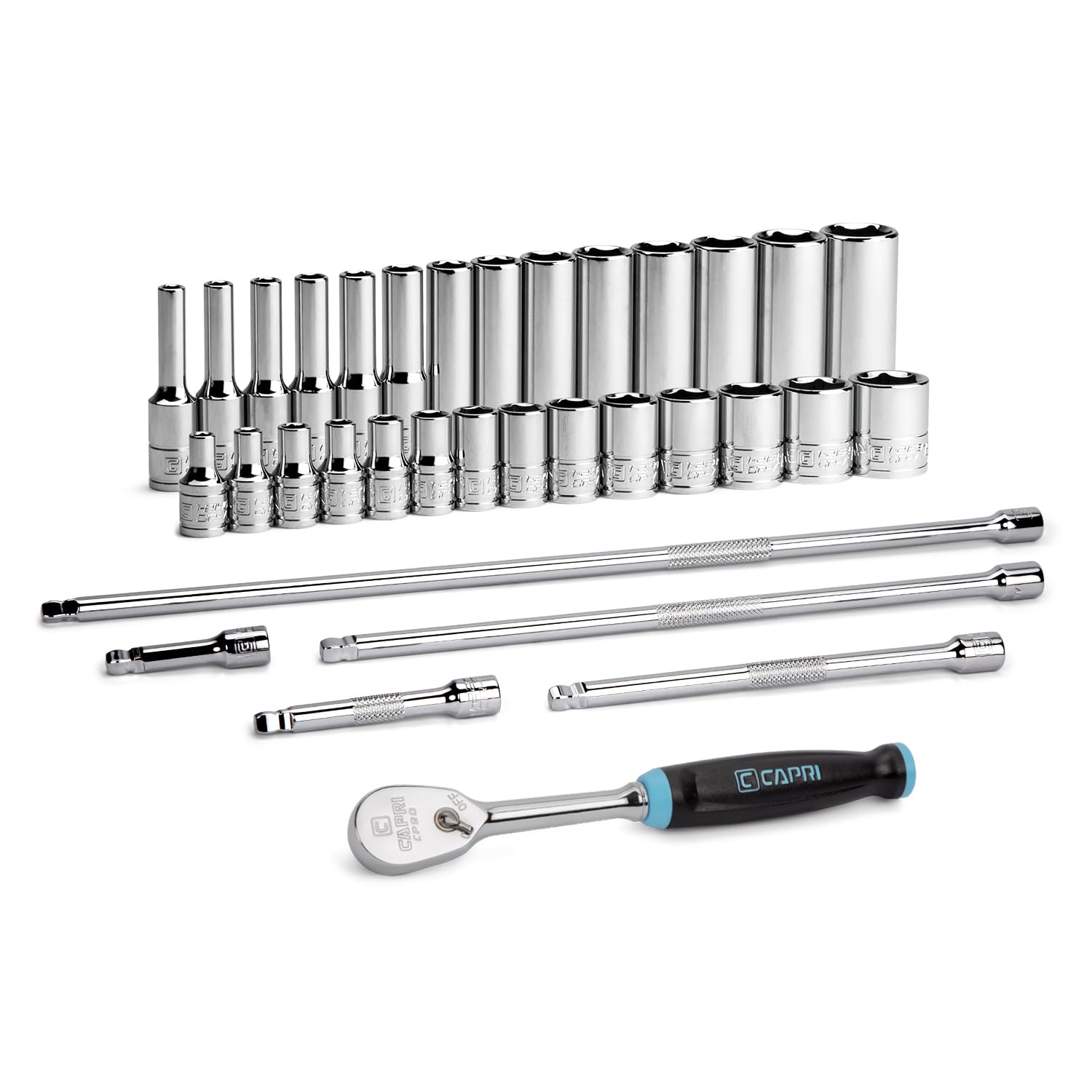 Capri Tools 1/4 in. Drive Master 6-Point Chrome Socket Set, 4 to 15 mm, with Extension and 90-Tooth Soft Grip Ratchet, 34-Piece, Metric