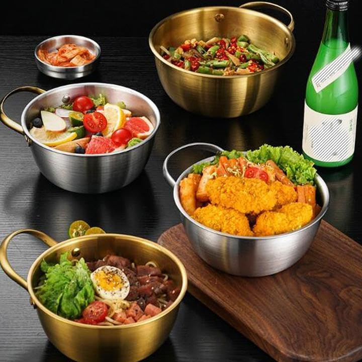 Miniatura 6 de MBBITL Ensaladera redonda dorada de 6.7 pulgadas con asa para mezclar alimentos, pasta, salsas de frutas