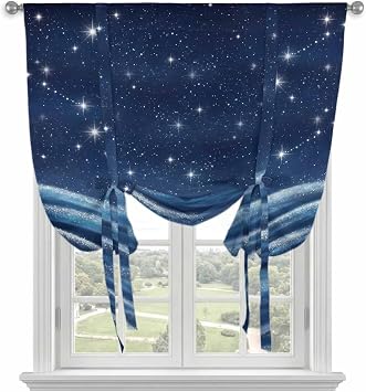 Tie Up Curtains for Kitchen Windows,Adjustable Rod Pocket Blue Stars Valance 45 Inch Short, Fantasy Blue Waves Cosmos Sky Window Treatment Balloon Roman Blind Shade, 52" x 45"