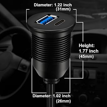 USB 3.0 Male to USB 3.0 & Type-C Female Car Flush Mount Cable 1ft for Extension and Data Transmission Compatible with Laptop, PC, Hard Drive 30CM