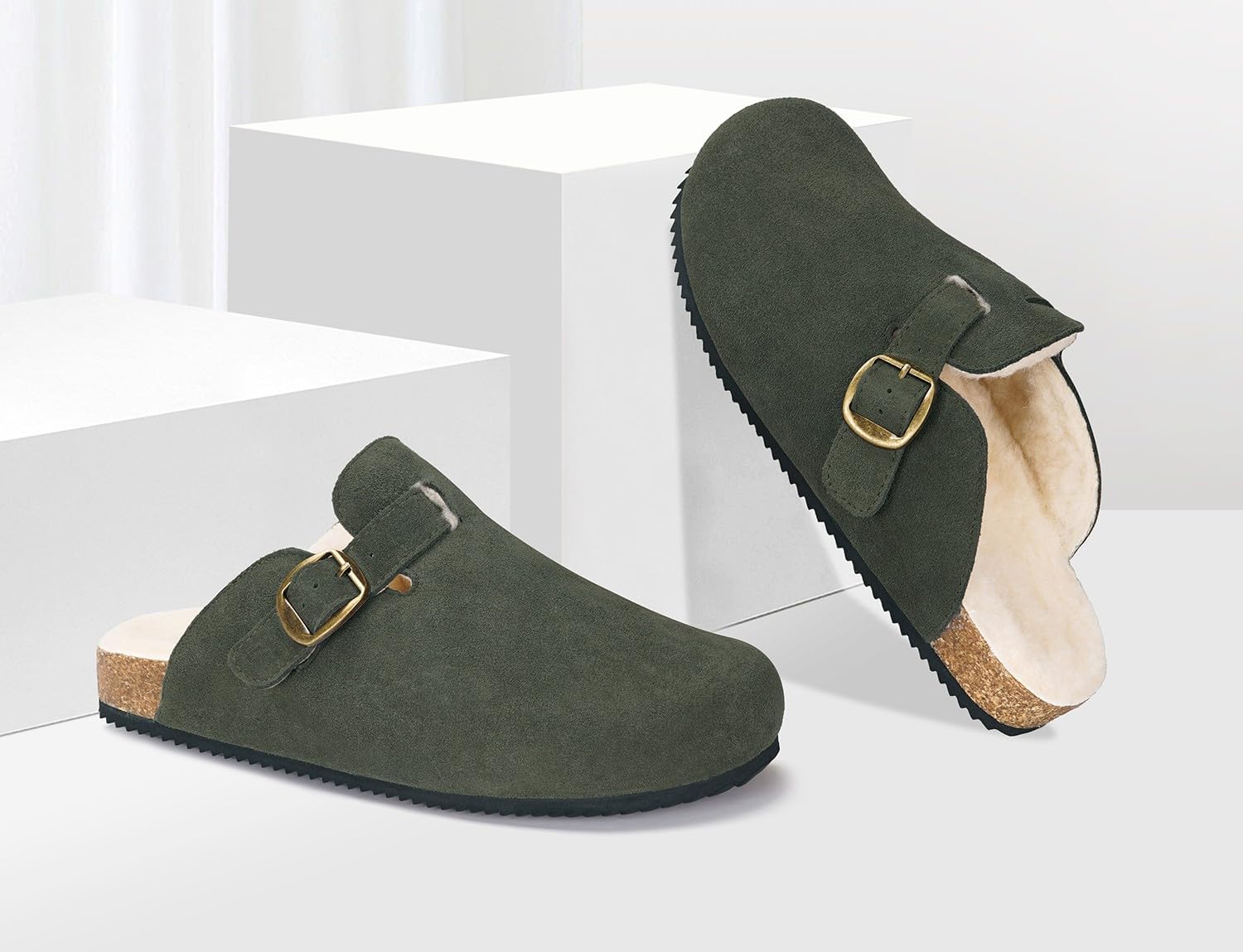 Womens Fur Lined Suede Clogs Mens Fuzzy Leather Mules Cork Footbed Slip On Winter Potato Shoes with Arch Support - Image 2