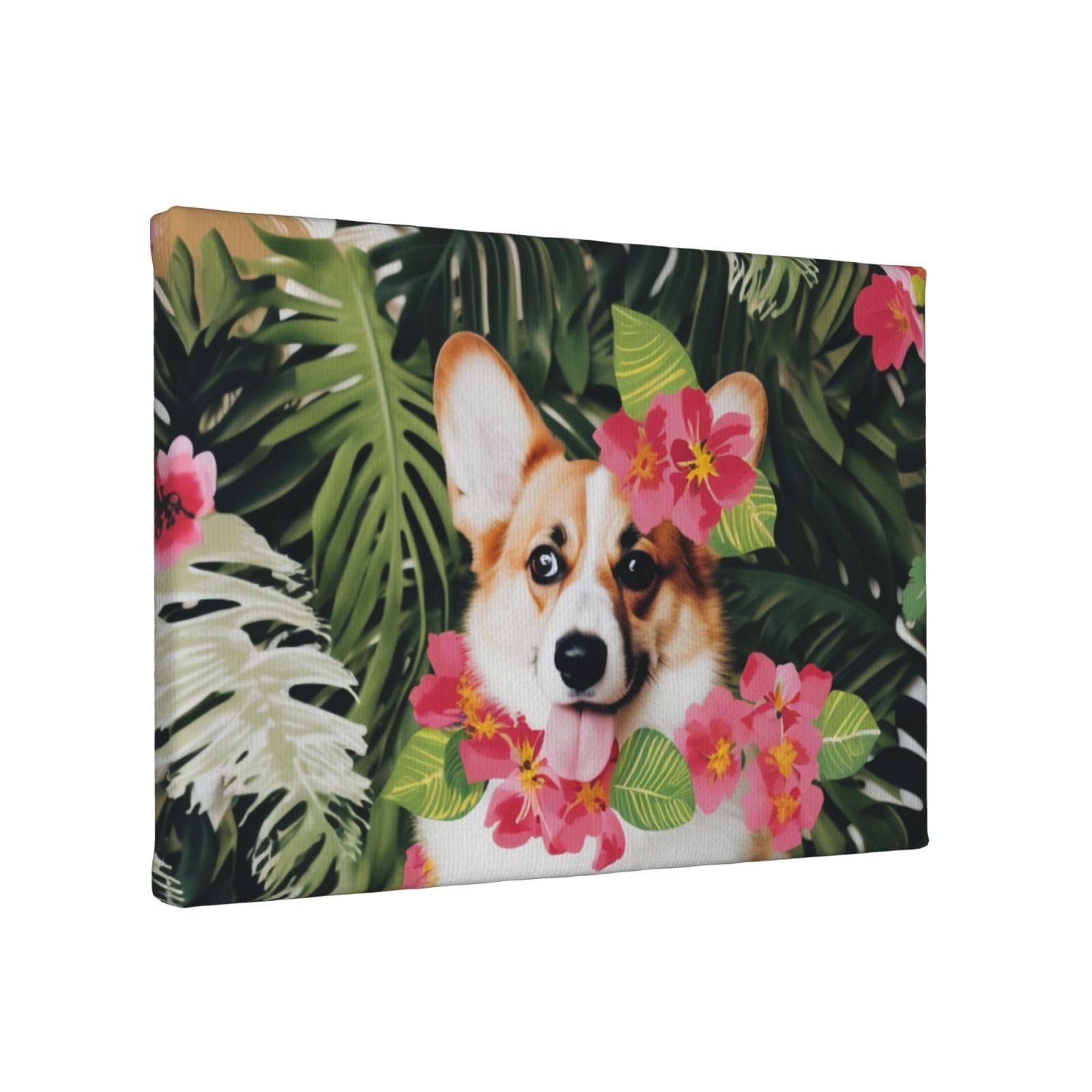 YKLJG tropical flower and corgi 2 Printed Wall Art Canvas Painting 30x20 CM Wooden Framed Picture Painting Artwork Prints for Bedroom Kitchen Home Office Decor