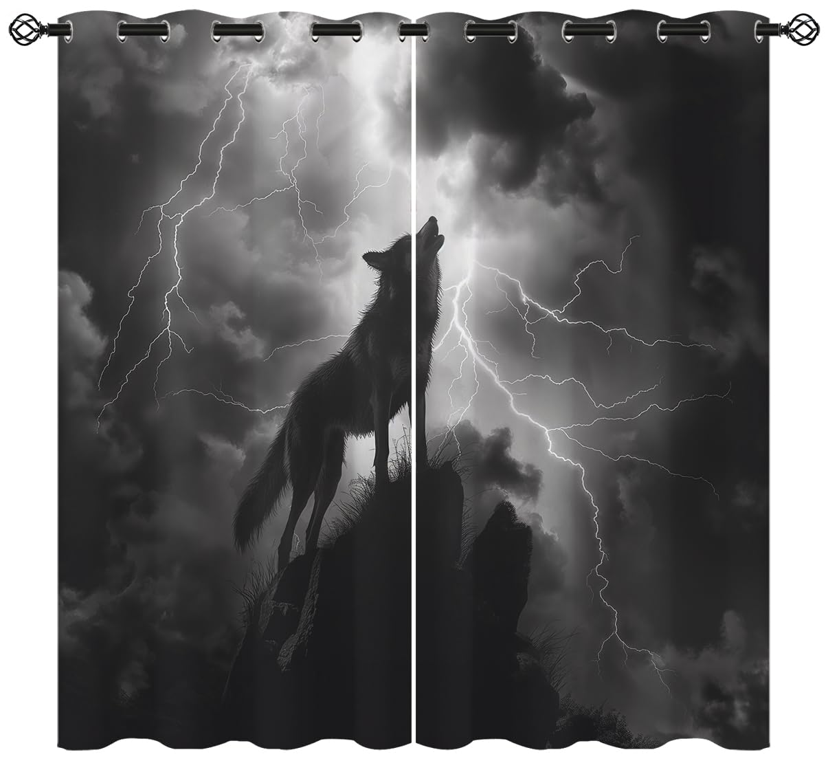 Wolf Blackout Curtains for Girls Boys Kids Teens Home Decor, Silhouette Wolf Howling to Thunderstorm Grommet Thermal Insulated Drapes Darkening Window Curtain for Bedroom Living Room, 42 x 63 Inch