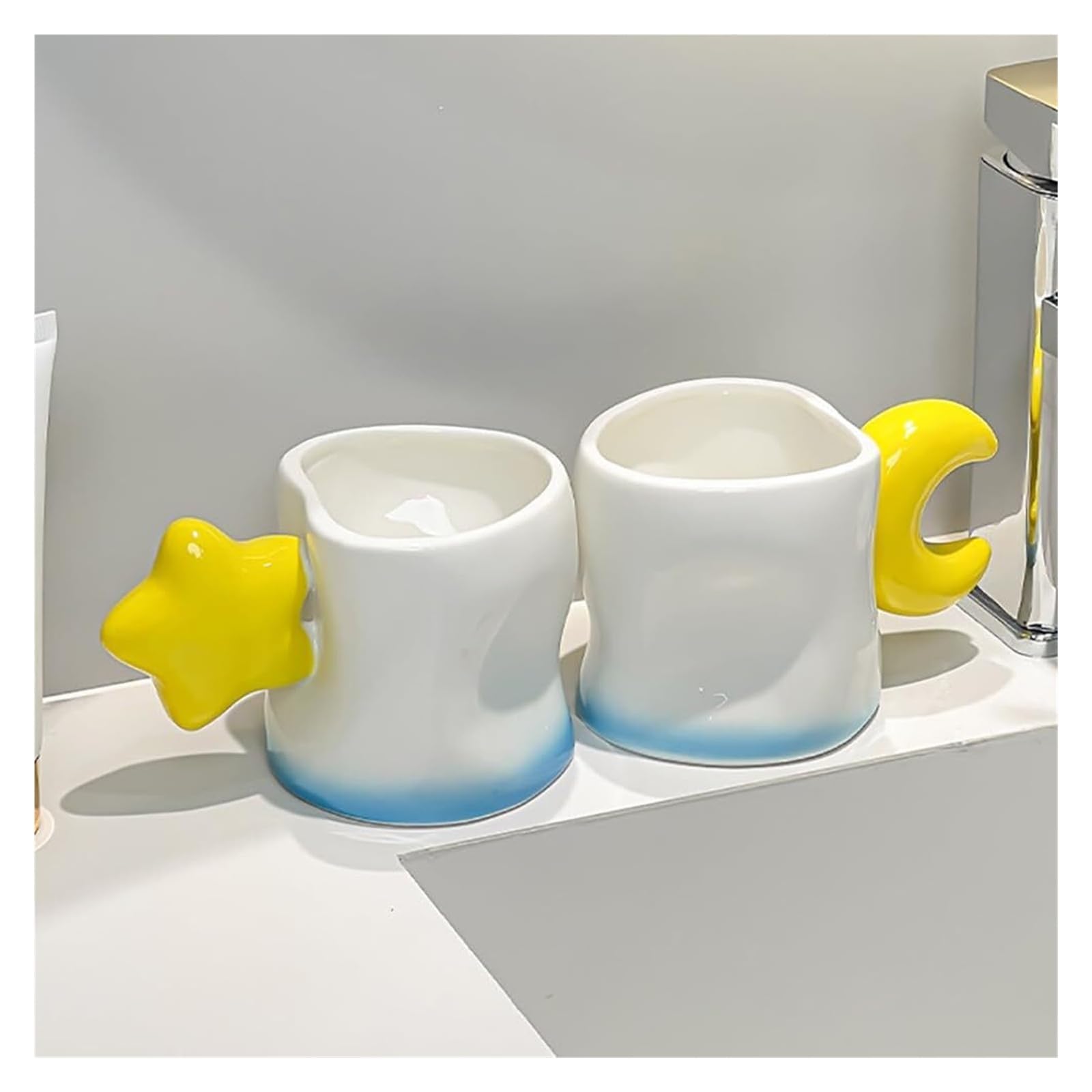 Portacepillos de Dientes 2 Tazas de Enjuague bucal cerámica for el baño con Bonitas Asas Estrella y Luna Vaso de Enjuague bucal Reutilizable