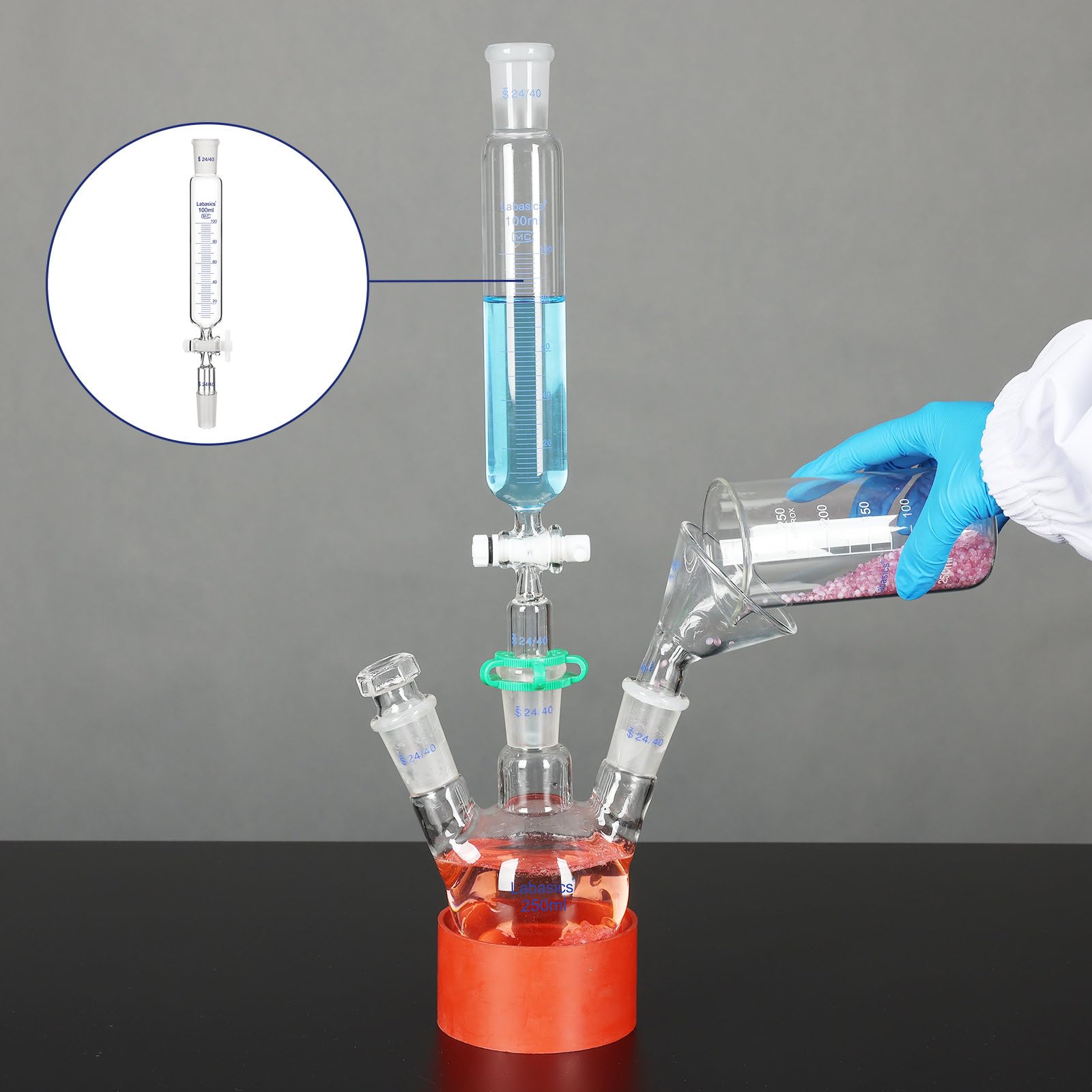 Labasics Embudo de adición, Embudo de Goteo Graduado de Vidrio Borosilicato con Junta Estándar 24/40 y Llave de PTFE para Laboratorio, 100 ml