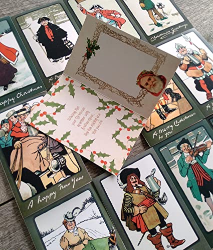 Image of PIXILUV VINTAGE CHRISTMAS (Pack of 12) Notecards Small Greeting Cards # Happy Yuletide Different Historic Time Periods ~ Vintage Christmas Postcards Reprint