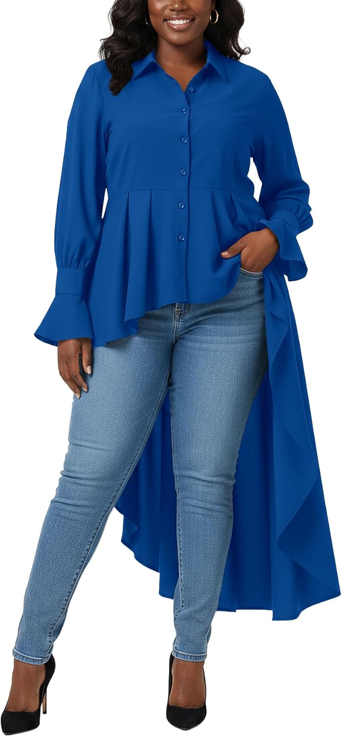 Umenlele Women’s Button Down Long Sleeve Asymmetric Ruffle High Low Hem Blouse Shirt Top - Image 3