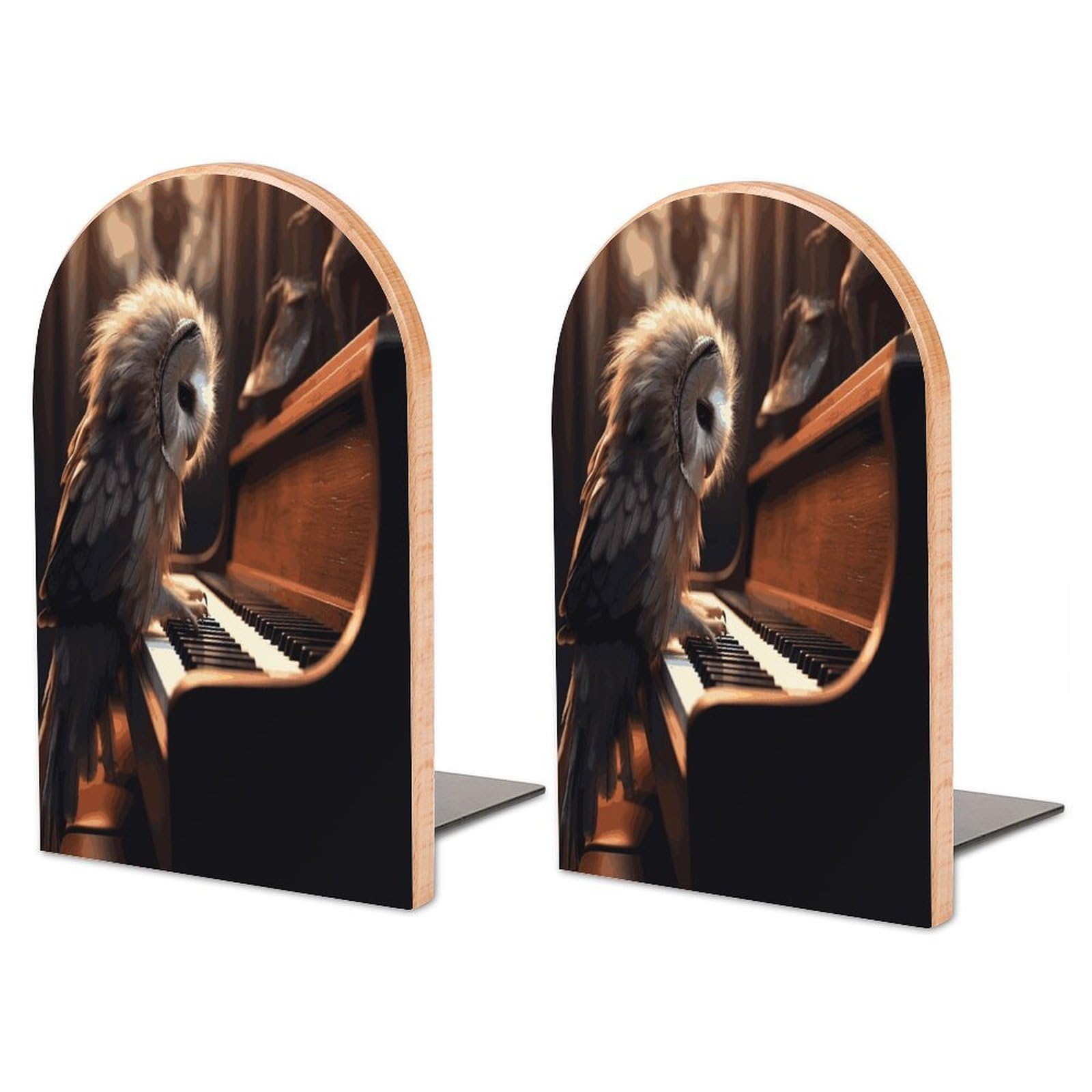 Large Owl Plays Piano Book End with Metal Base Fashion Heavy Duty Bookend Exquisite Wooden Bookends Non-Skid Book Stopper for Shelves Books Organizer for Office Home 1 Pair