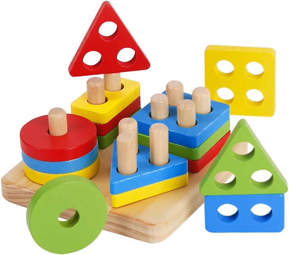 Wooden Educational Stacking Blocks Toys Geometry Shape Sorting Puzzles Board Games for Preschool Kids Toddlers