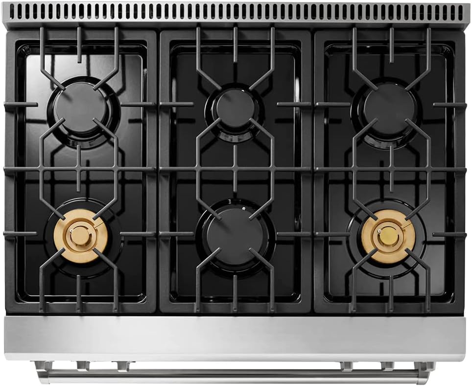 Oke view of the THOR Kitchen gas range cooktop with six burners and continuous cast iron grates.